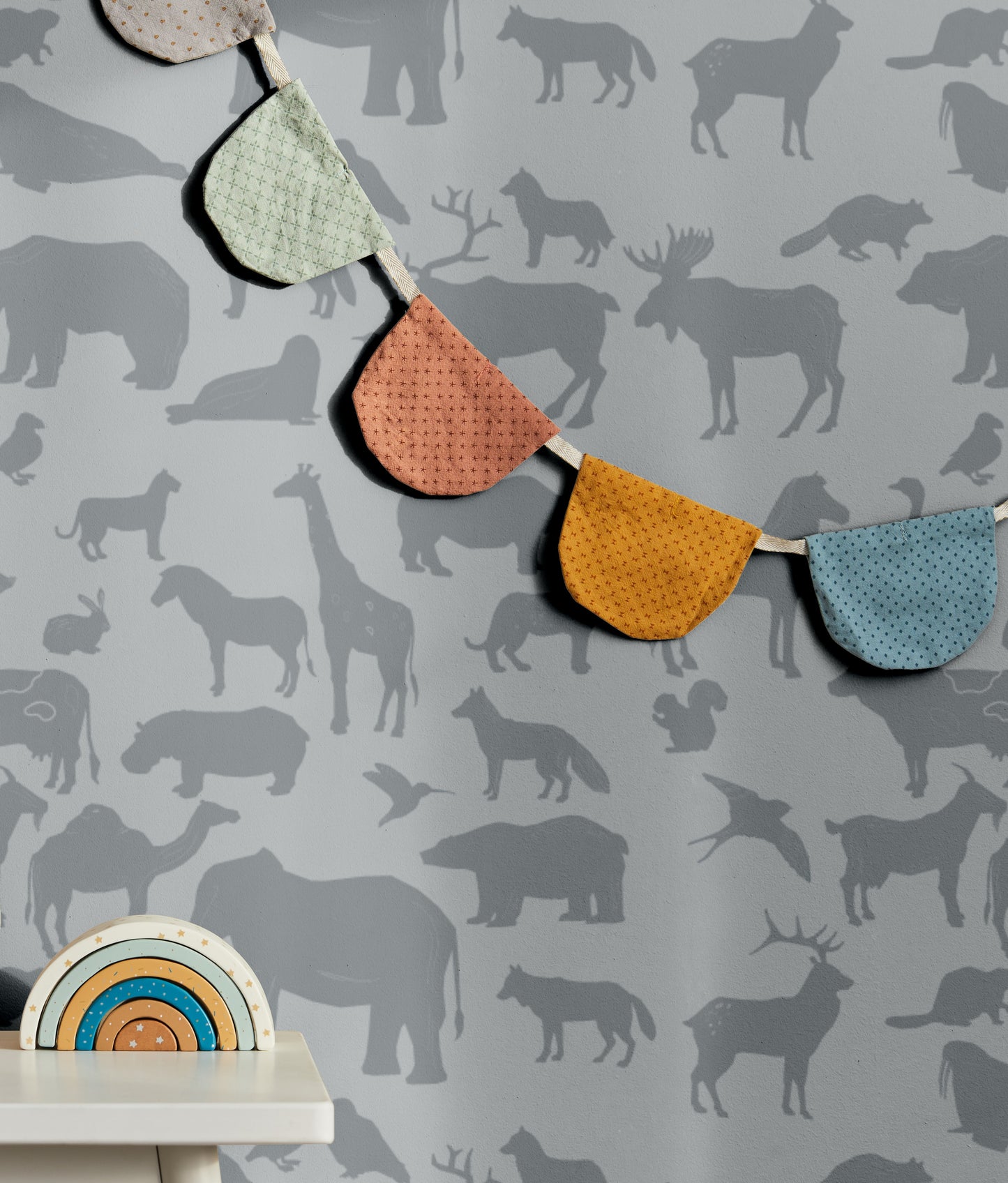 behang babykamer dieren grijs blauw