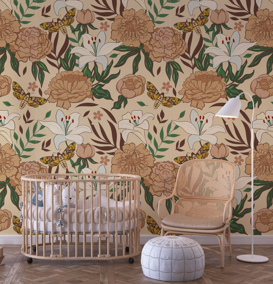 Pioenrozen en vlinders -Behang Kinderkamer Geel