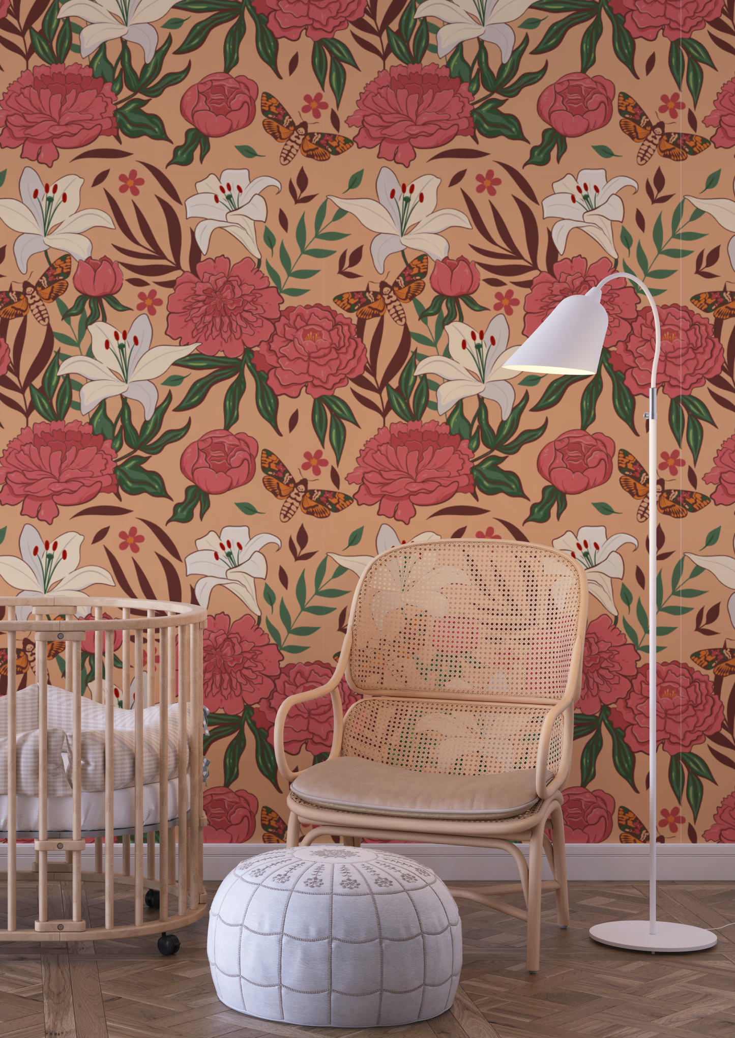 Pioenrozen en vlinders Behang Kinderkamer Roze