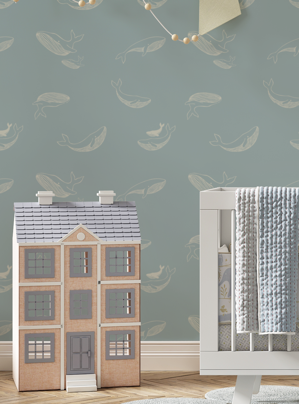 blauw walvis behang kinderkamer