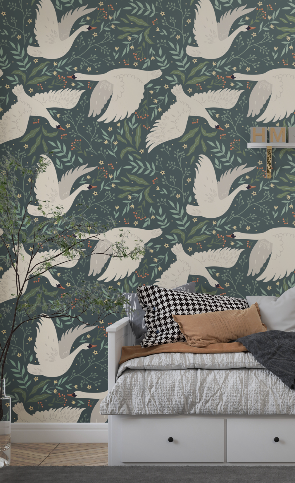 zwanen kinderkamer behang