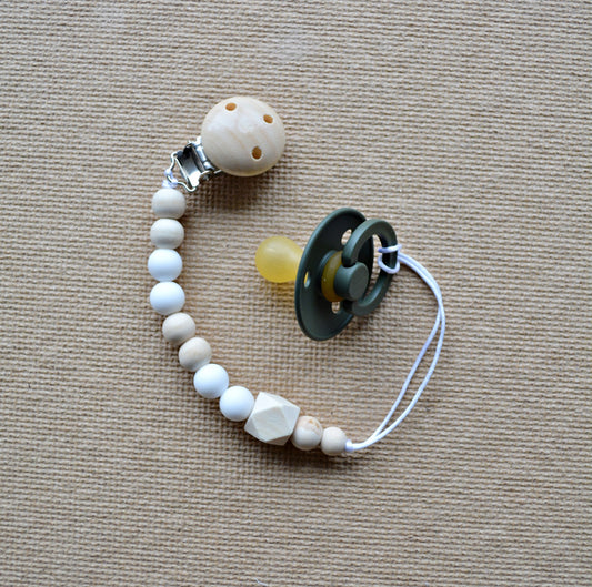 Wooden and Silicone pacifier chain - White