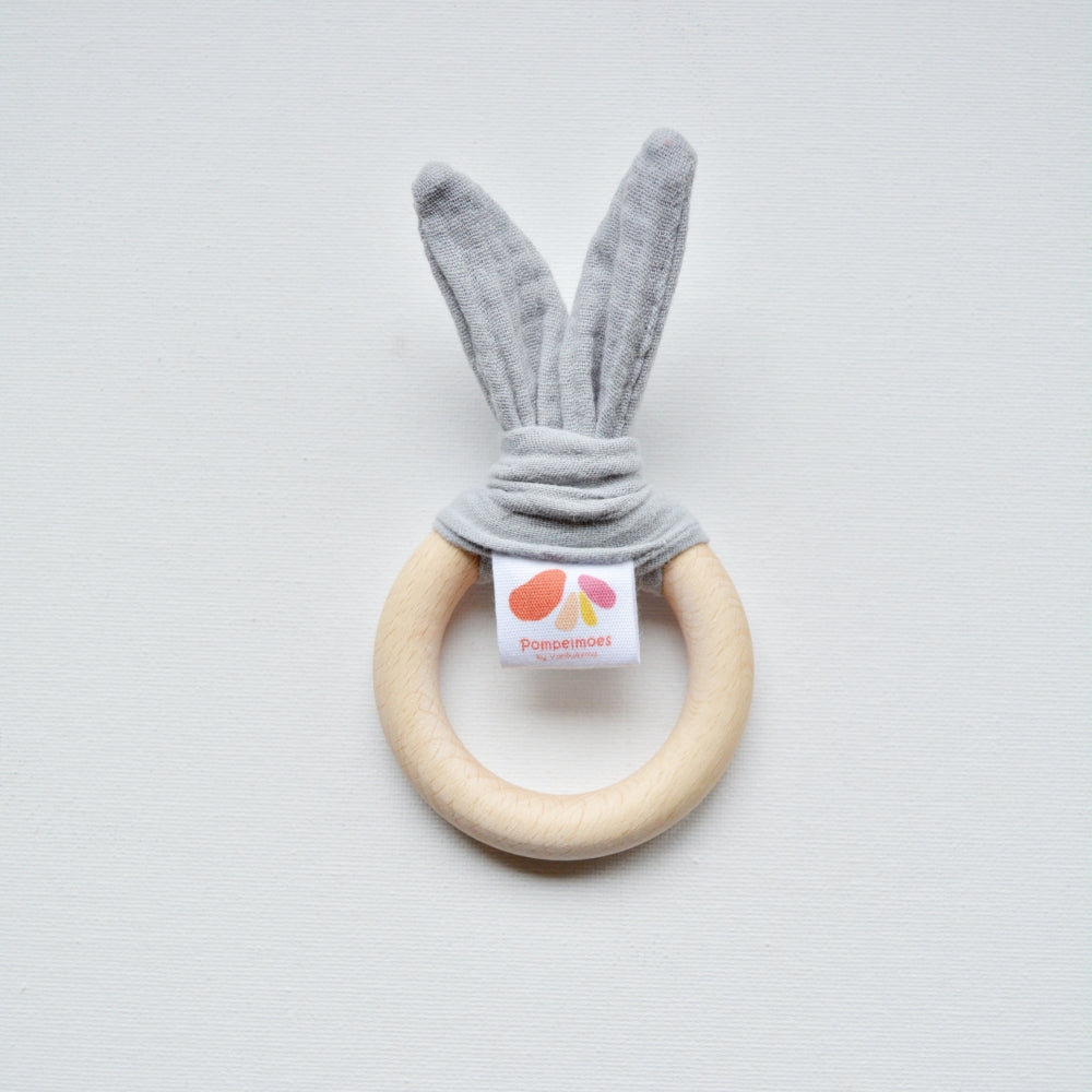 Wooden teething ring with rabbit ears - silver grey