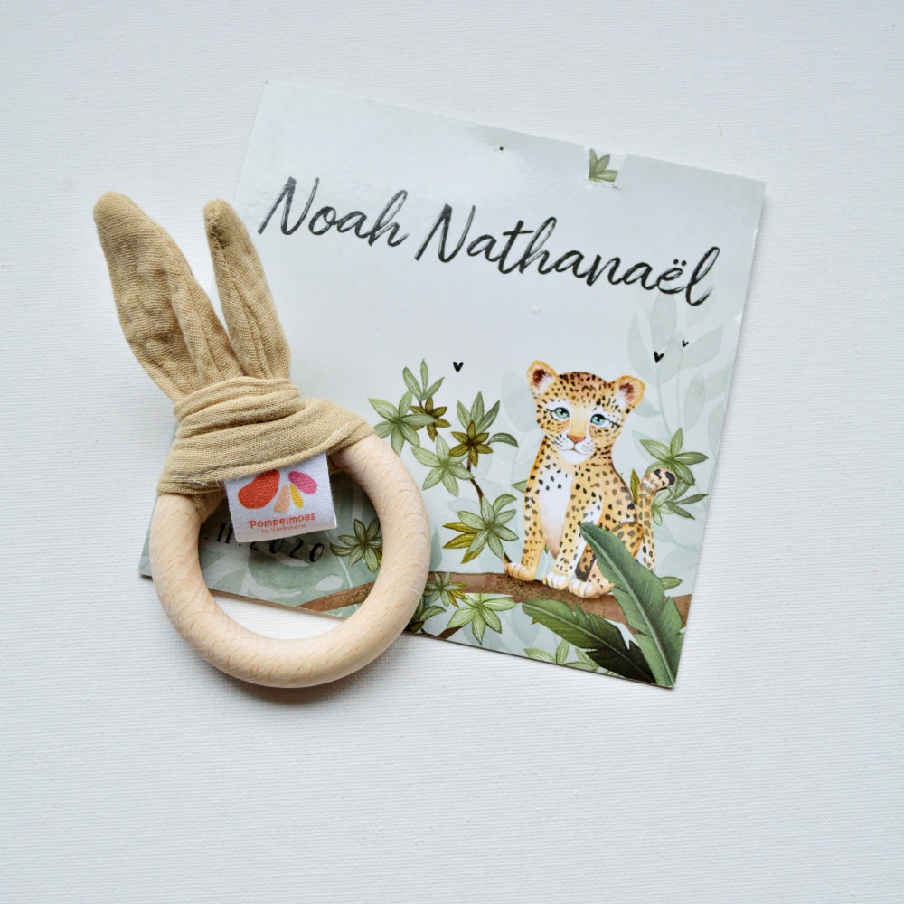 Wooden teething ring with rabbit ears - Beige
