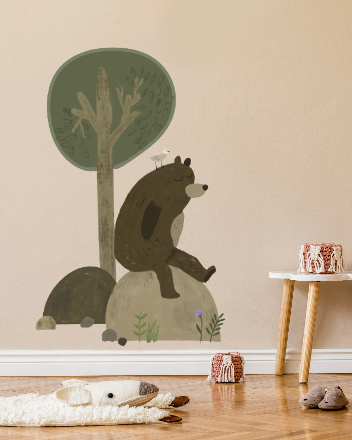 The sleepy bear and the bird - Large Animals Wall Sticker